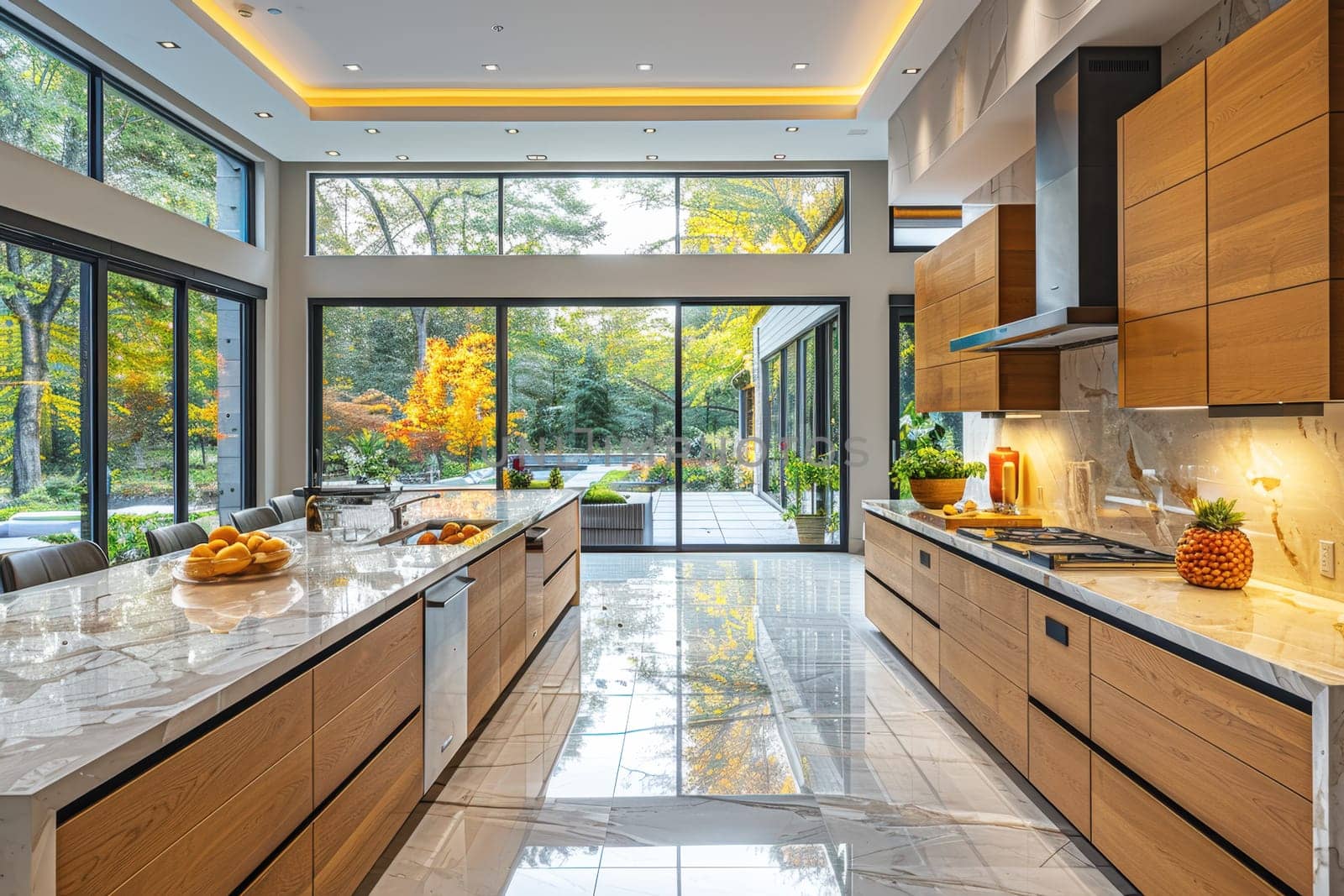 Modern kitchen with large windows showcasing a beautiful garden view, symbolizing elegance, contemporary design, and a connection to nature