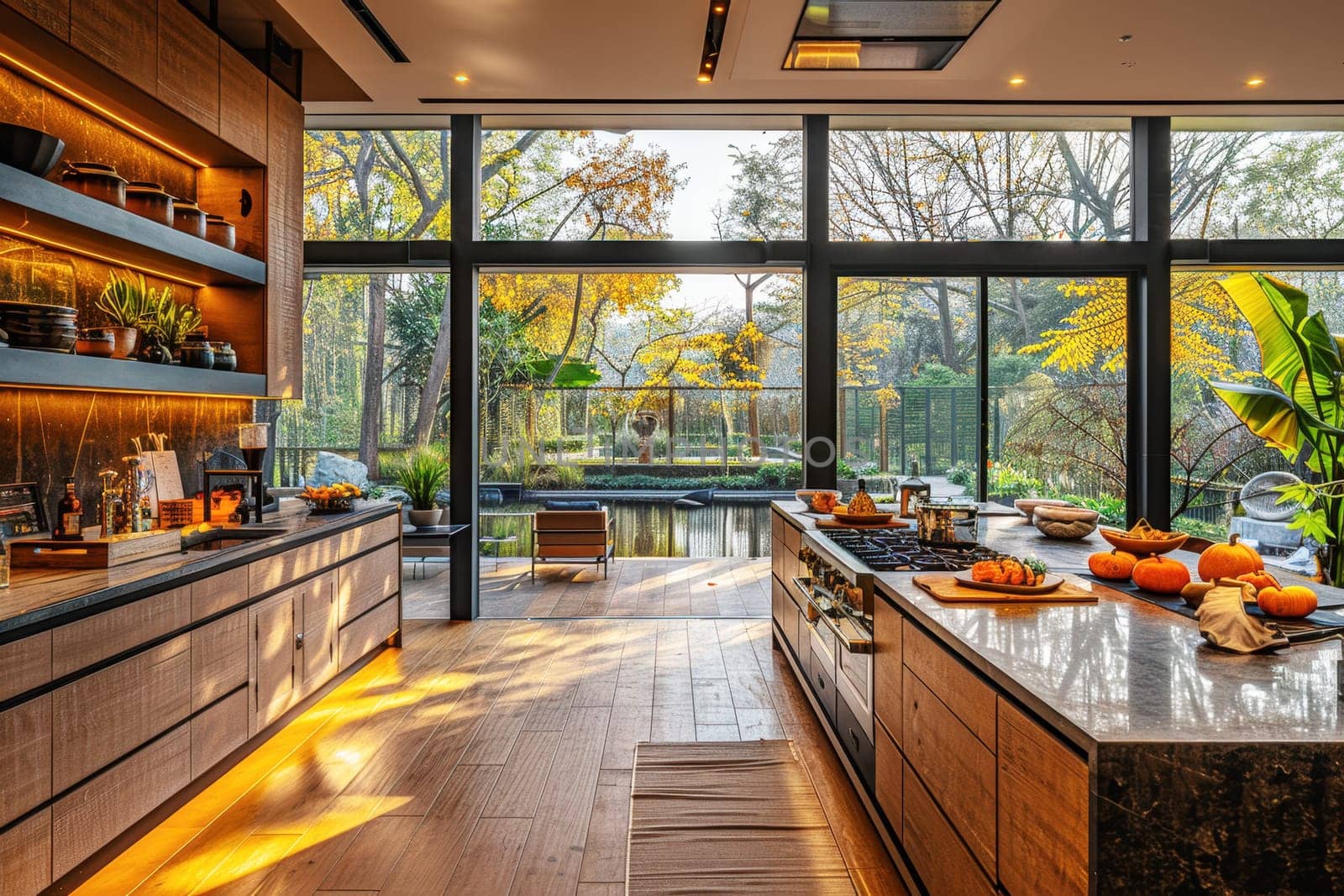 Contemporary kitchen with floor-to-ceiling windows showcasing a beautiful autumn garden, representing modern elegance and a seamless indoor-outdoor connection