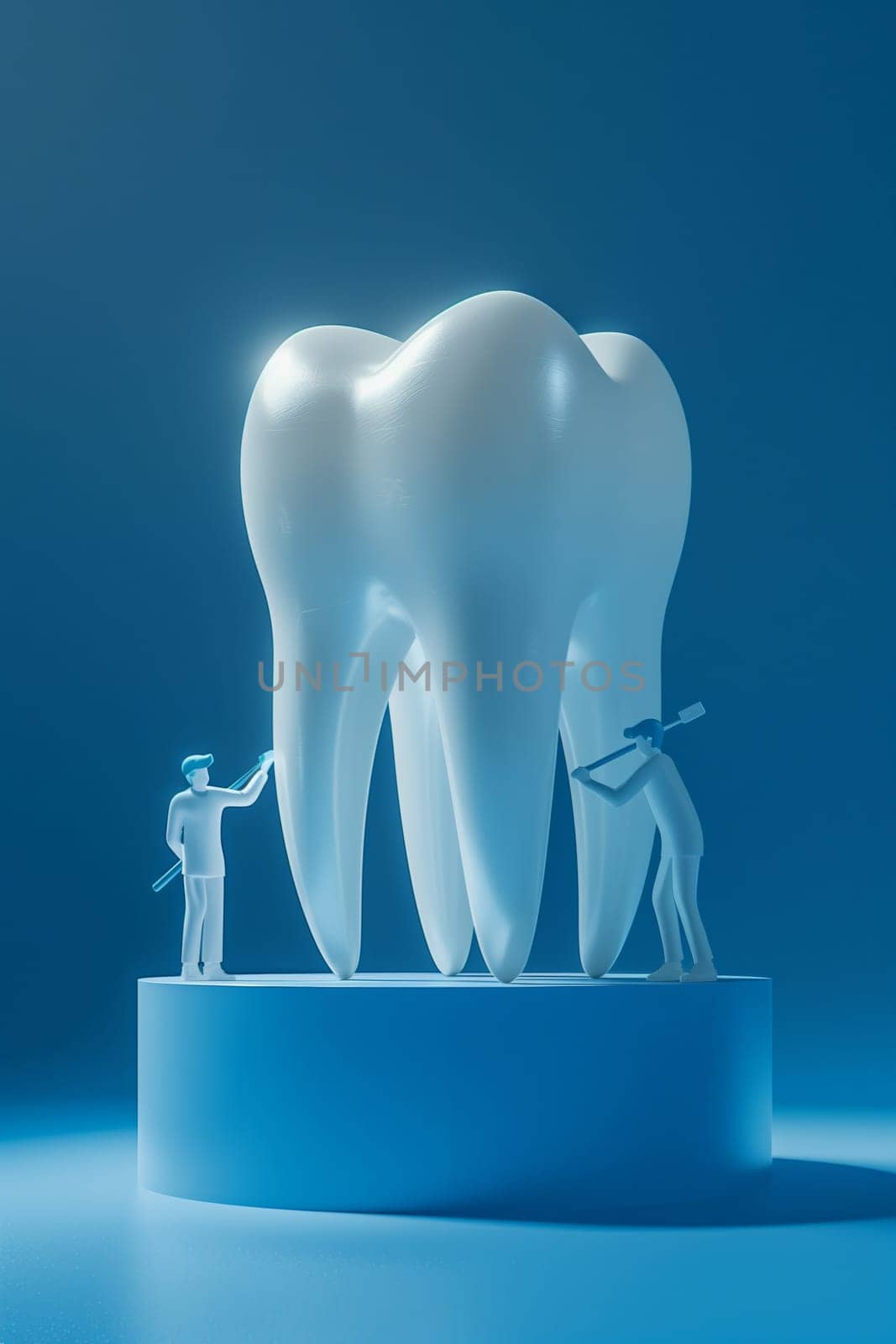 Two miniature figures wearing blue scrubs paint a large, white tooth on a blue podium.