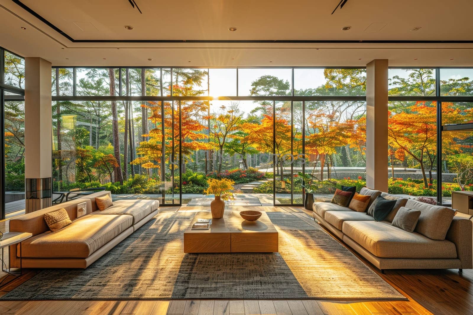 Modern living room with large windows showcasing a beautiful autumn garden, representing luxury and a seamless connection with nature.