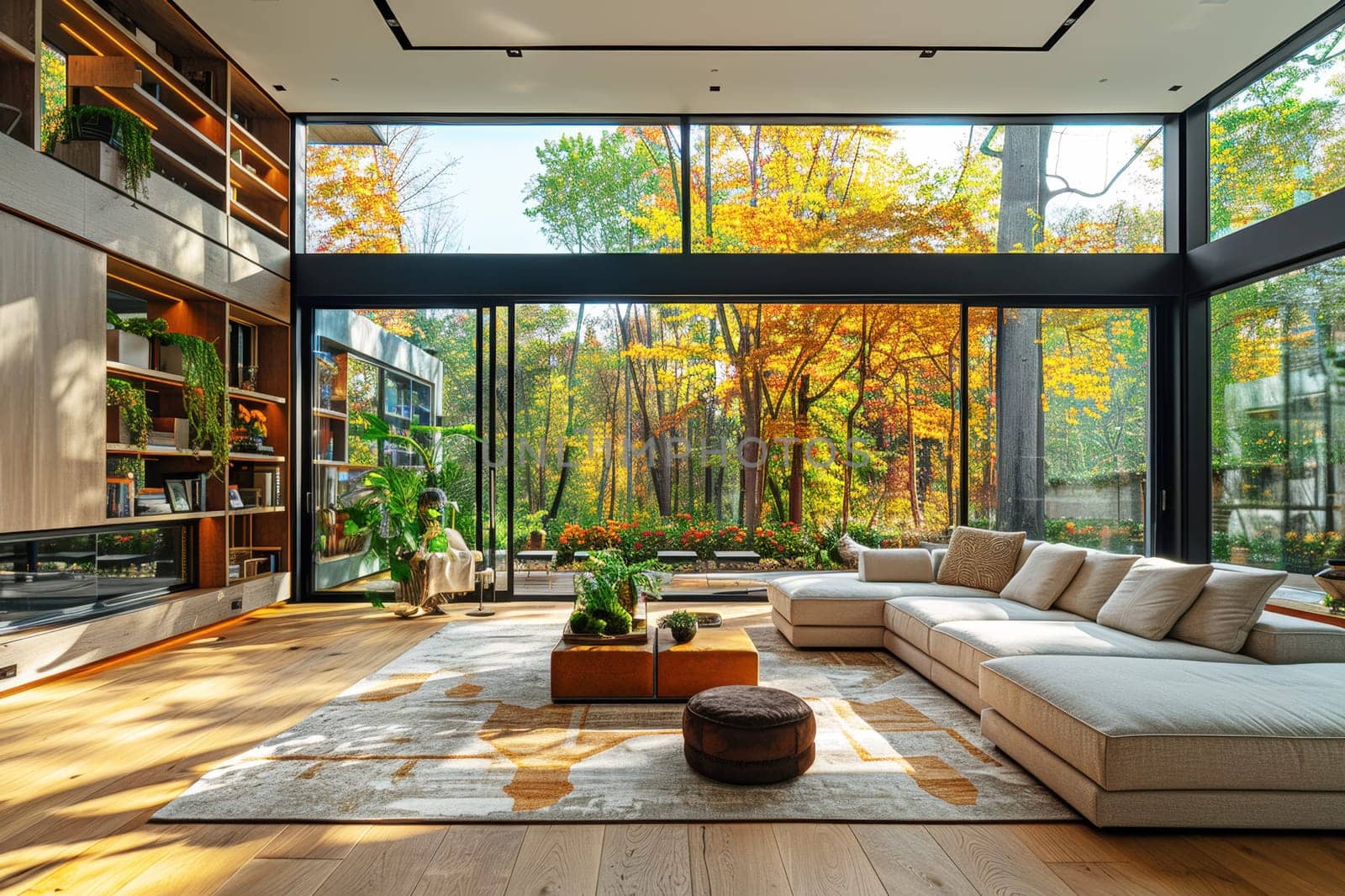 Spacious living room with large windows showcasing a vibrant autumn forest, representing a seamless blend of indoor comfort and outdoor beauty