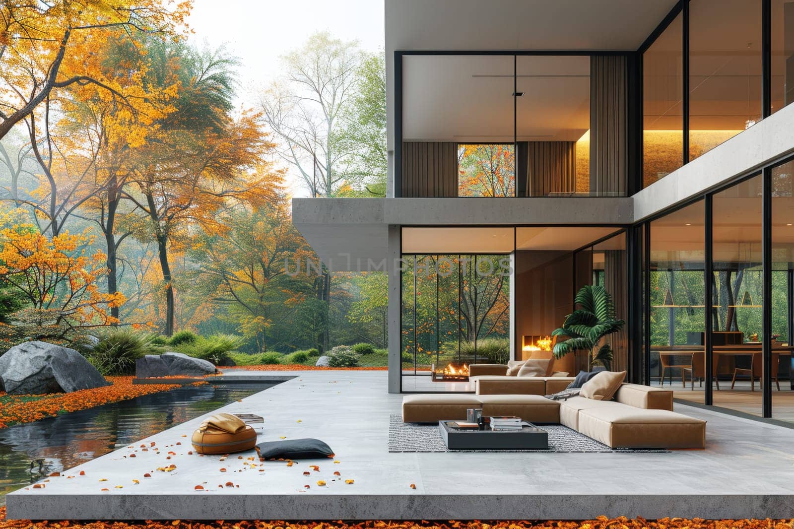 Modern home with expansive glass walls and a serene outdoor lounge area, perfectly blending contemporary design with natural autumn beauty.