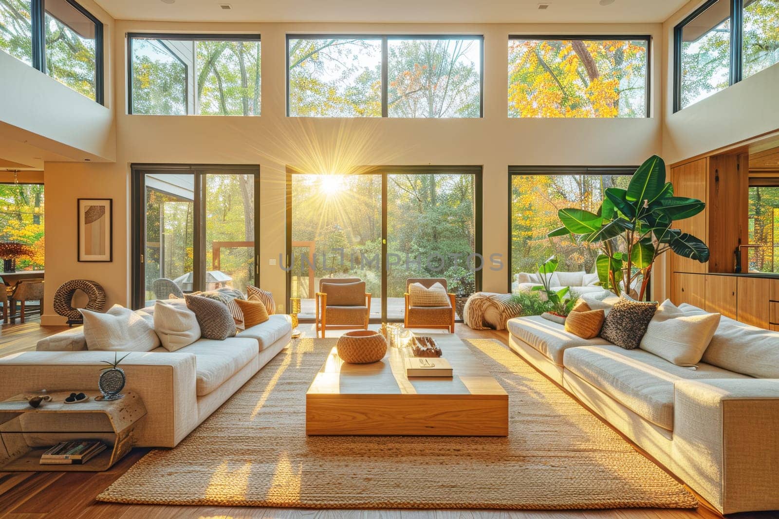 Sunlit modern living room with large windows showcasing a serene natural view, blending indoor comfort with outdoor beauty and tranquility