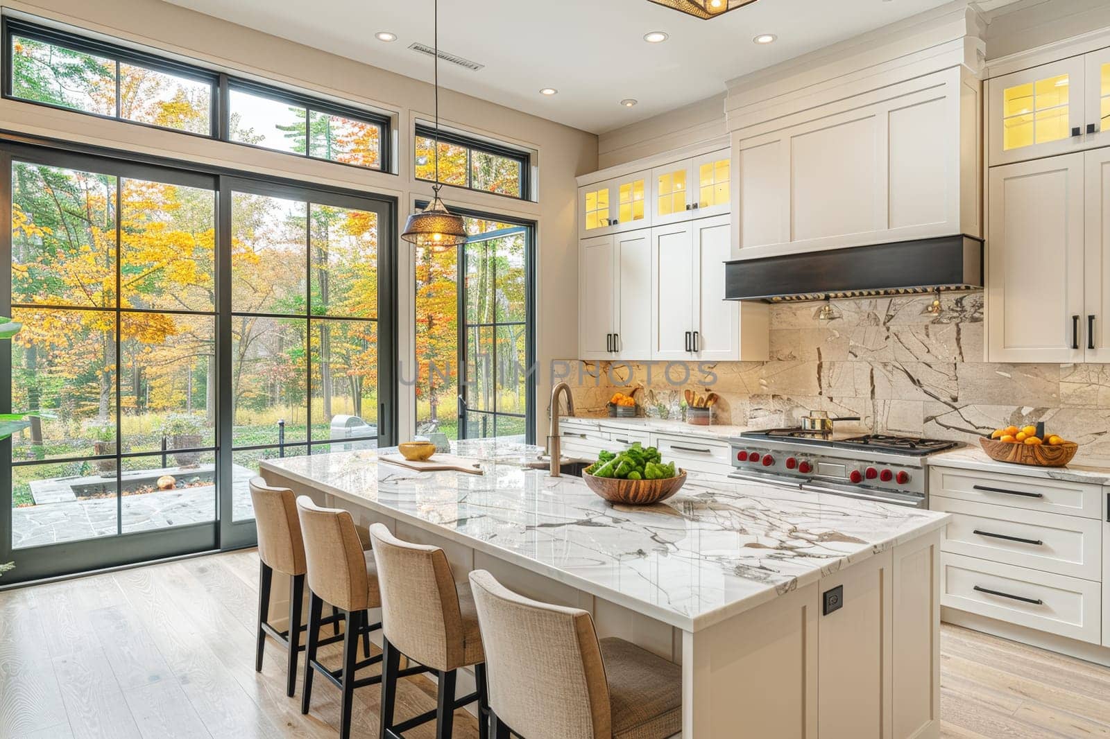 Bright modern kitchen with large windows showcasing a beautiful autumn landscape, blending indoor elegance with the vibrant colors of nature