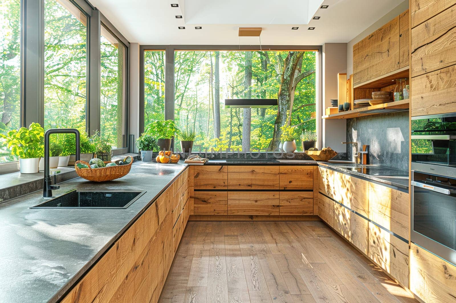 Modern kitchen with large windows showcasing a lush green forest, blending rustic wooden elements with contemporary design for a harmonious look