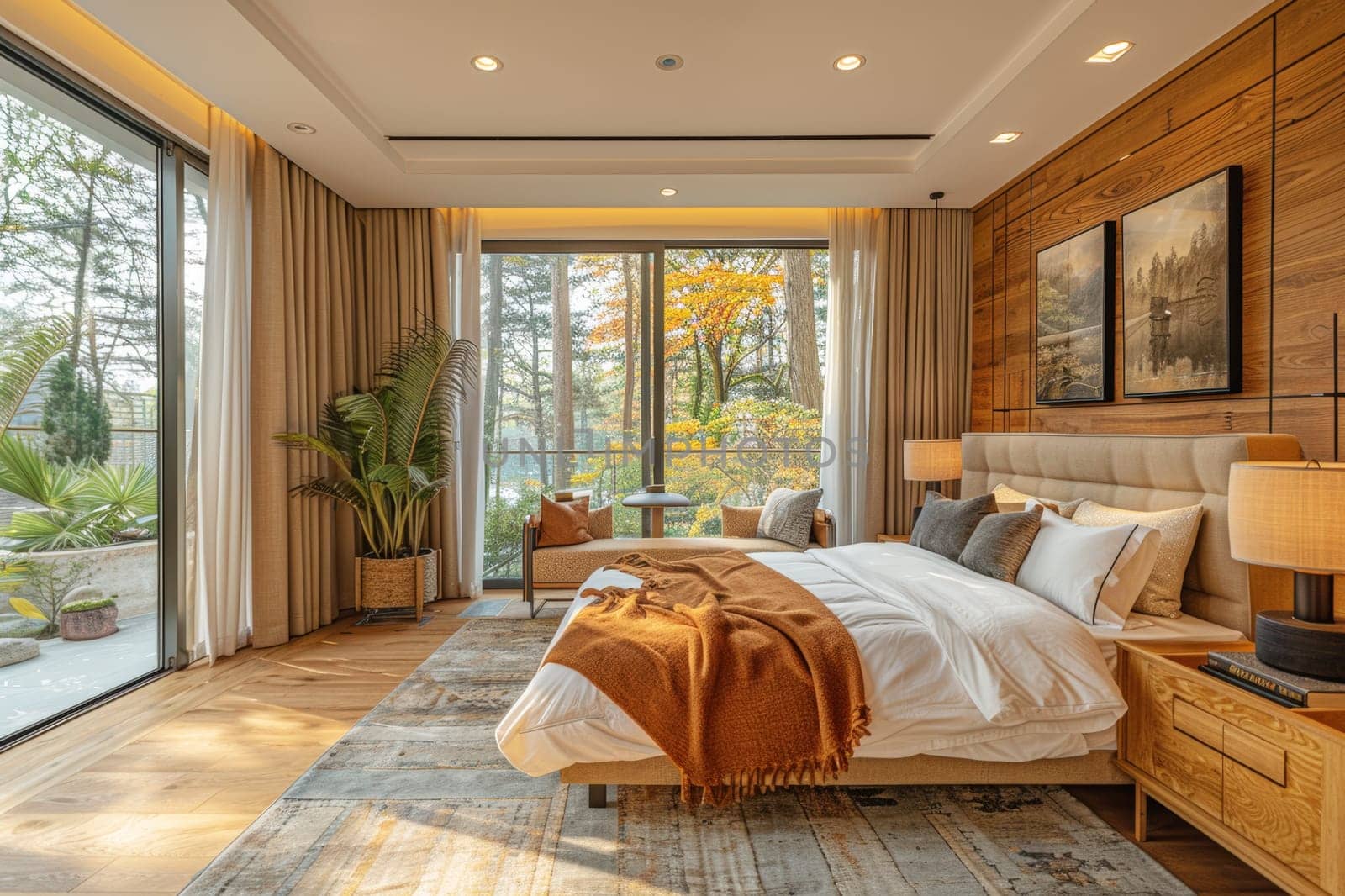 Cozy bedroom with large windows showcasing a vibrant autumn view, blending natural warmth and modern design for a serene and inviting retreat