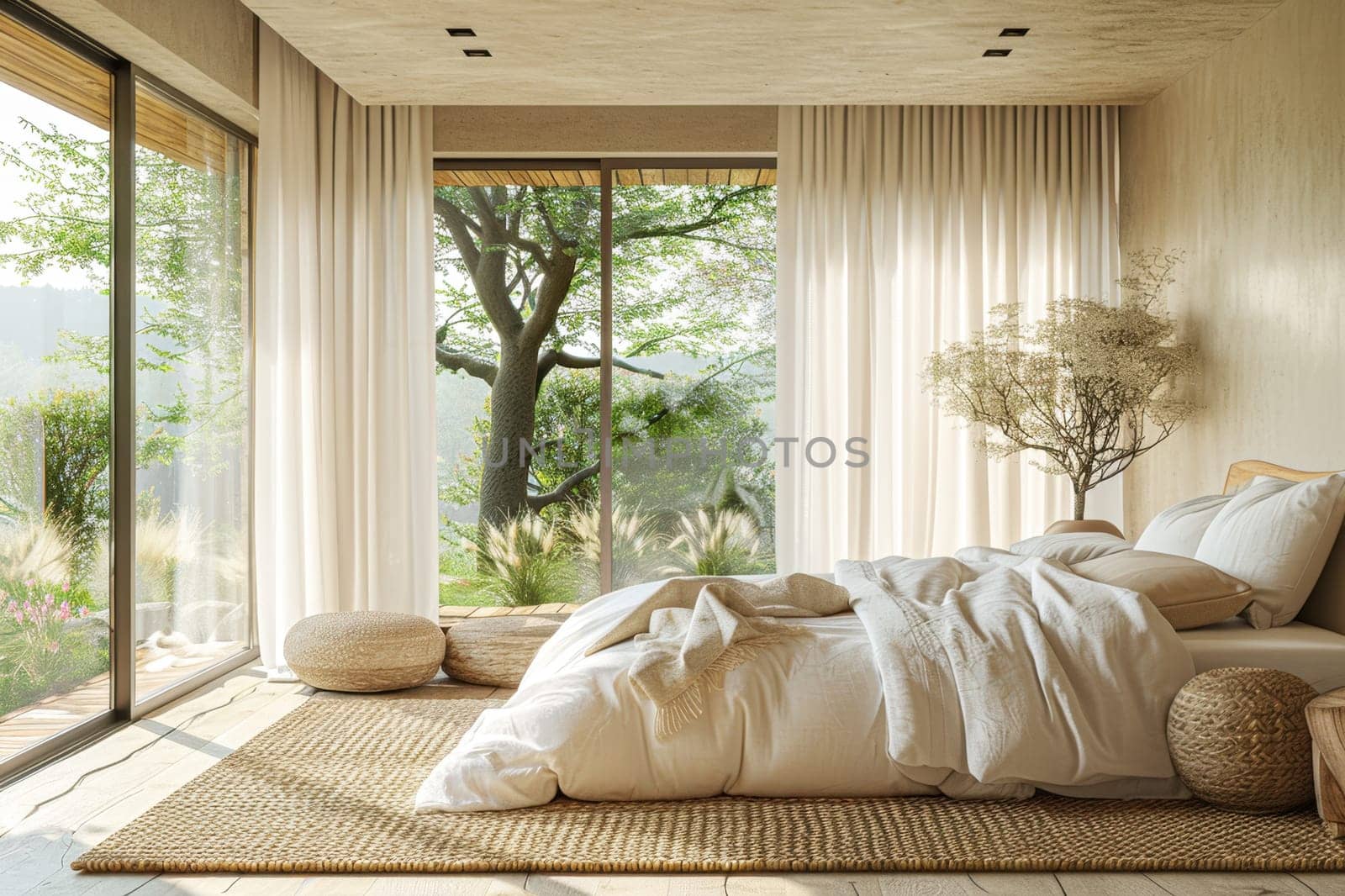 Tranquil bedroom with large windows offering serene nature views, featuring minimalistic decor and cozy elements that create a peaceful retreat