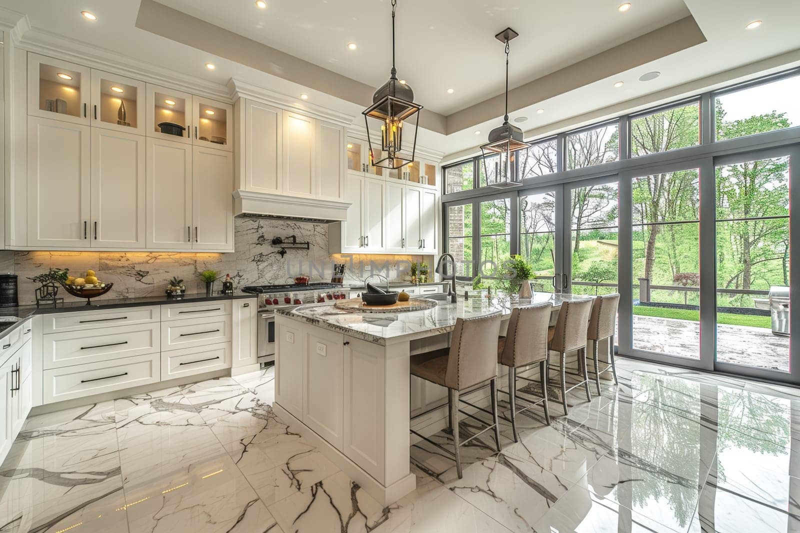 Bright modern kitchen with white cabinetry, marble countertops, and large windows offering lush green views, ideal for contemporary home design concepts