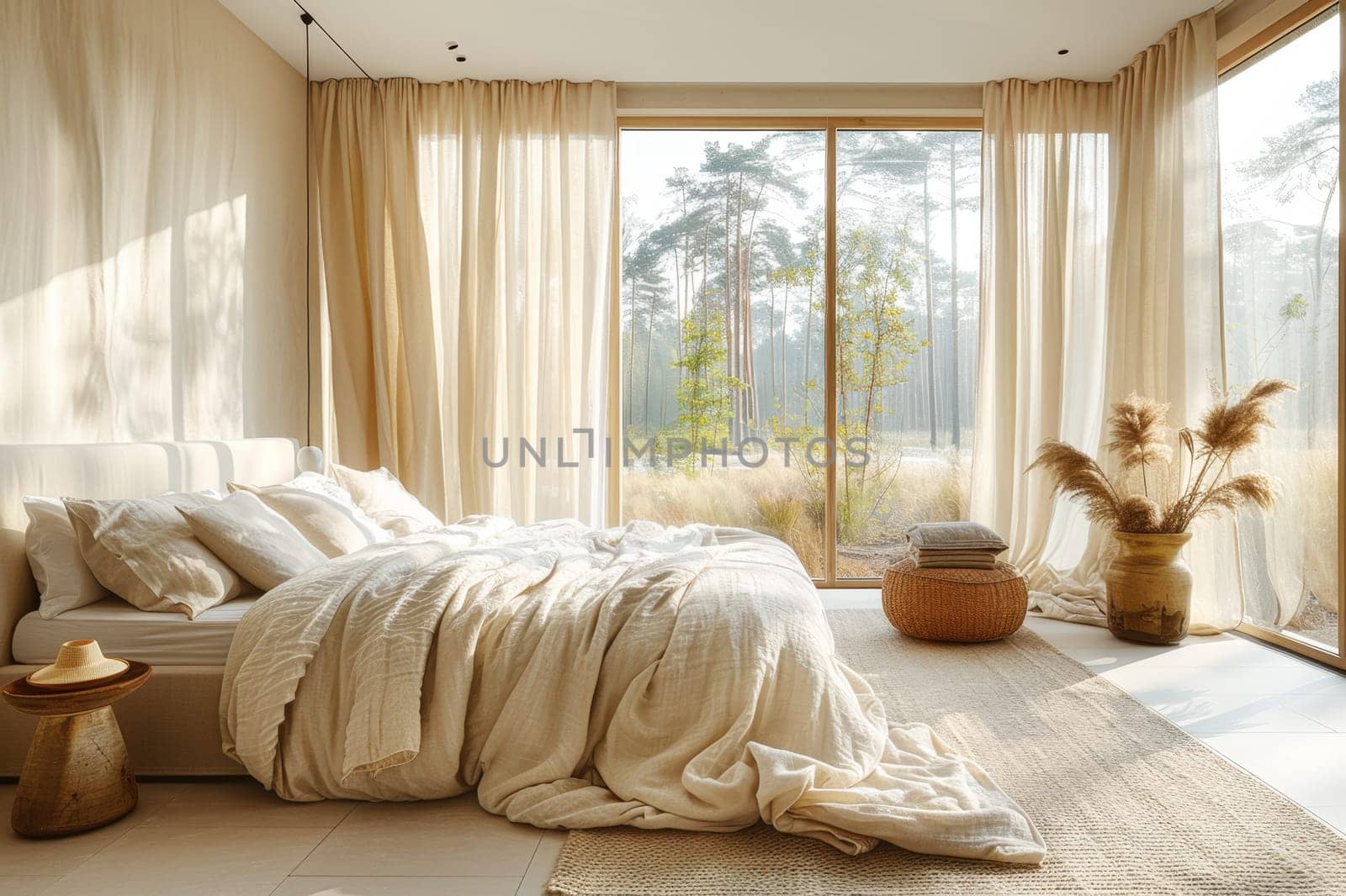 Serene bedroom with soft natural light, beige decor, and large windows showcasing an outdoor view, perfect for a cozy and inviting atmosphere