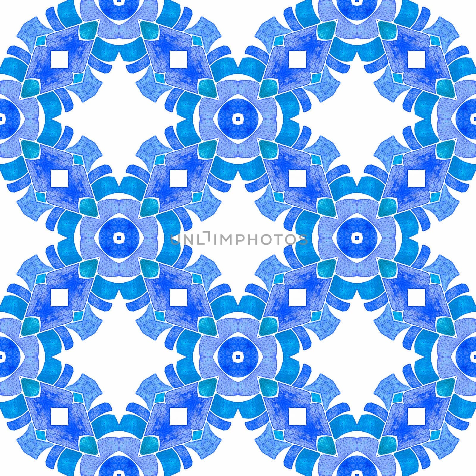 Watercolor medallion seamless border. Blue ravishing boho chic summer design. Medallion seamless pattern. Textile ready curious print, swimwear fabric, wallpaper, wrapping.