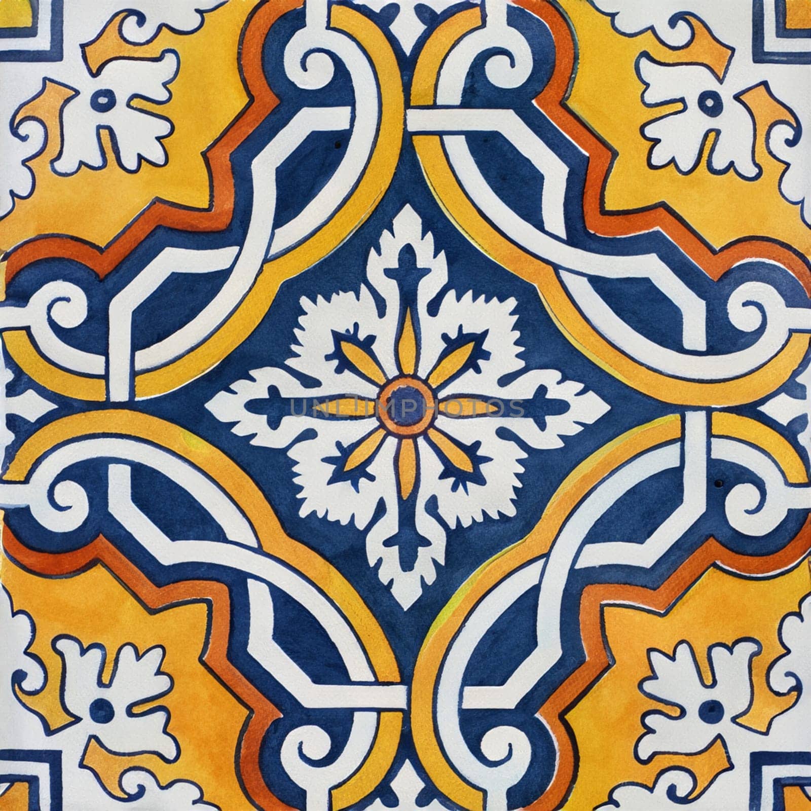 Watercolor illustration of portuguese ceramic tiles pattern. Single square tile.