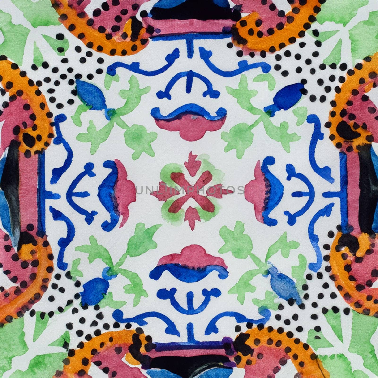 Watercolor illustration of portuguese ceramic tiles pattern by homydesign