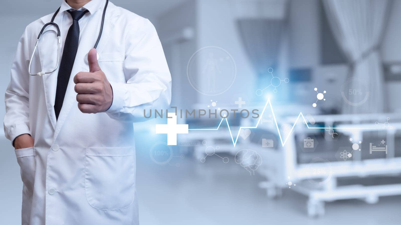 Doctor in lab coat is showing thumb up on background in hospital interior. Medical concept. Medical information search concept. The concept of treating disease. insurance concept