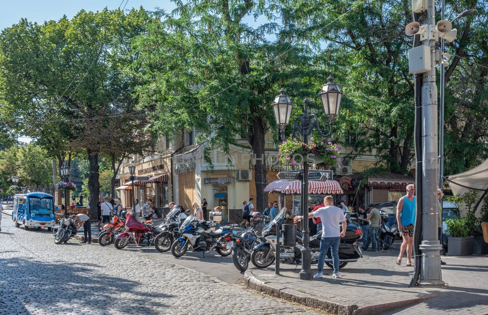 Odessa, Ukraine 25.07.2023. Historic buildings on the Deribasovskaya street in Odessa, Ukraine, on a sunny summer day