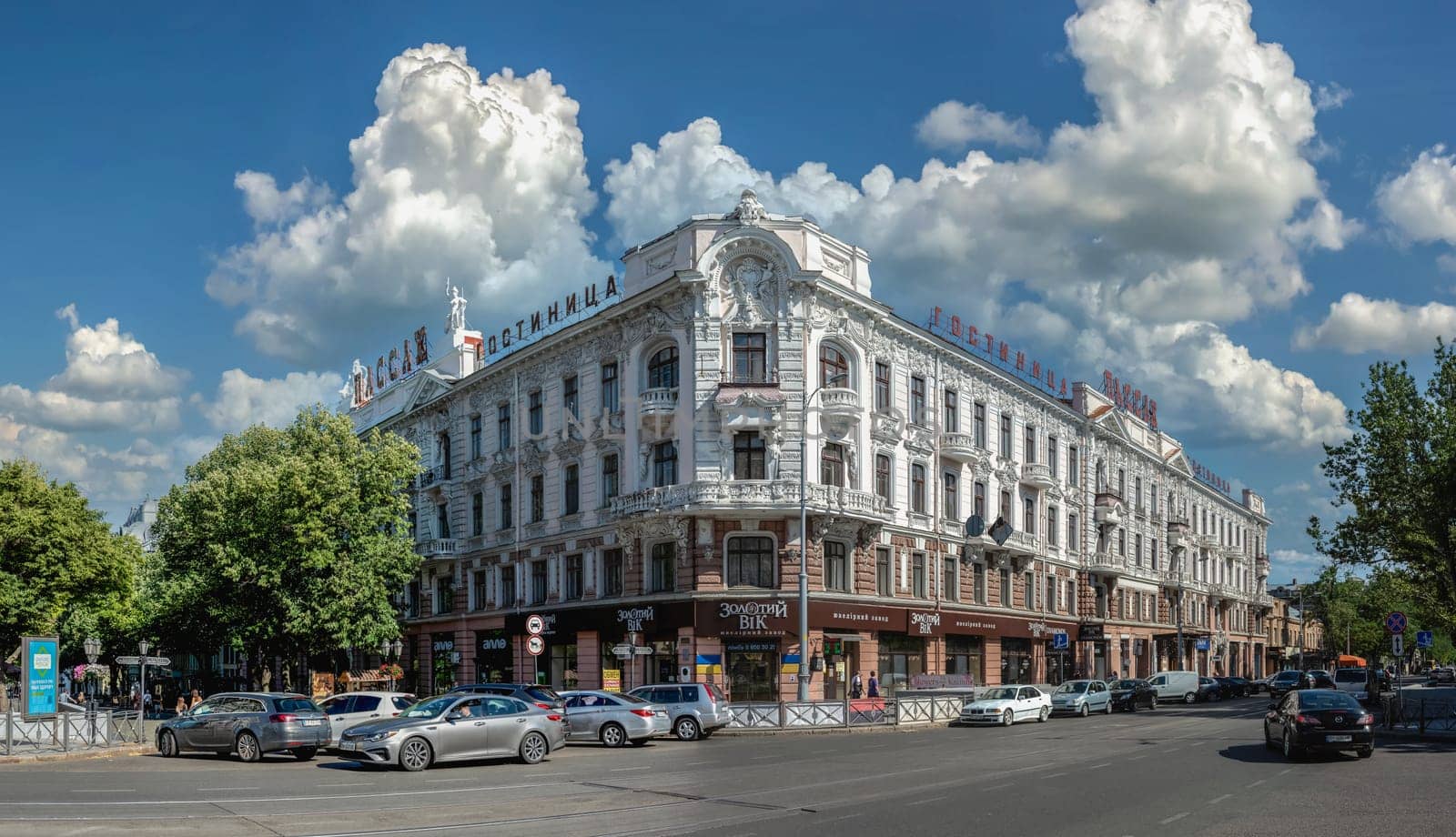 Odessa, Ukraine 09.07.2023. Historic building of the Passage hotel on the Deribasovskaya street in Odessa, Ukraine, on a sunny summer day