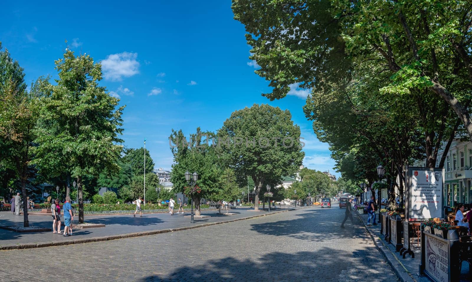 Odessa, Ukraine 25.07.2023. Historic buildings on the Deribasovskaya street in Odessa, Ukraine, on a sunny summer day