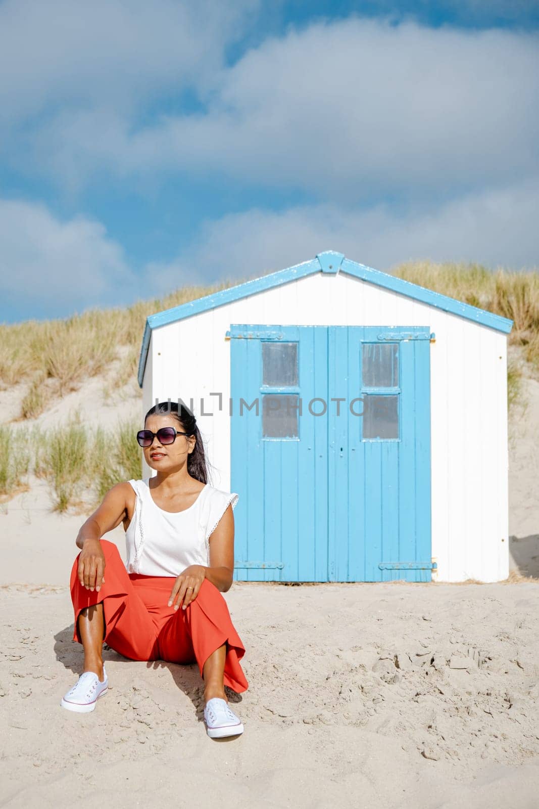 white blue house on the beach Texel Netherlands, beach hut on the Dutch Island of Texel by fokkebok