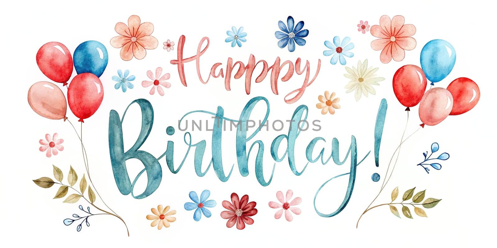 Text "Happy Birthday!" with calligraphy style and with little pastel red and blue illustrated flowers and balloons isolated on white background.