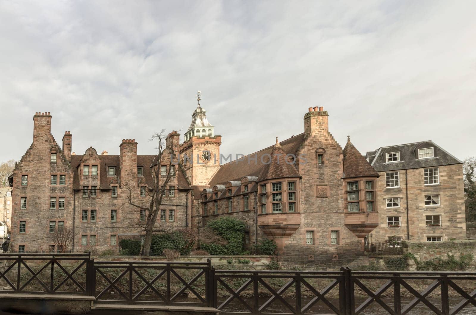 Edinburgh, Scotland - Jan 16, 2024 - Well Court is a traditional old Tenement building in Dean Village which sits along the banks of the Water of Leith. Space for text, Selective focus.