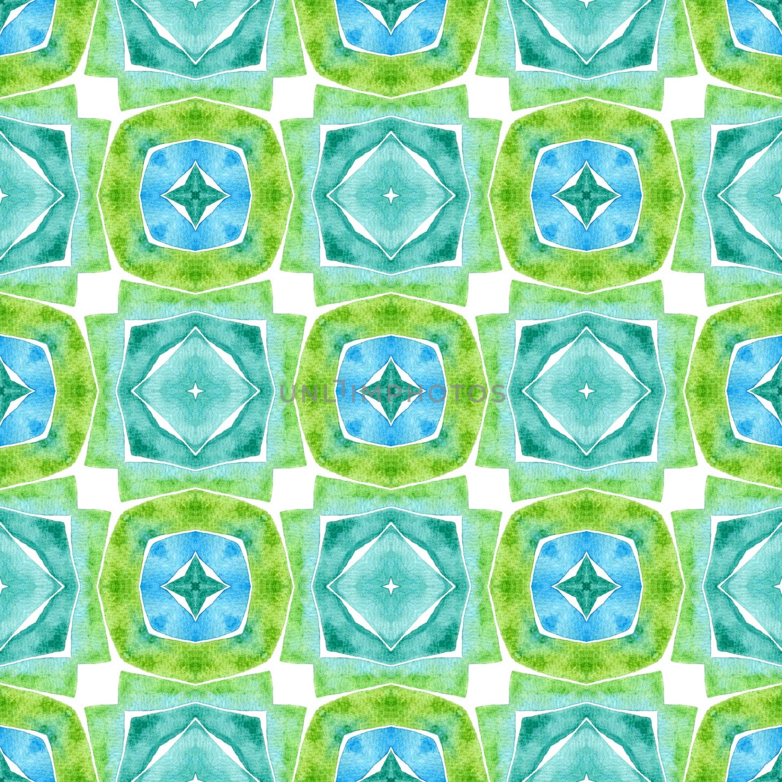 Watercolor ikat repeating tile border. Green interesting boho chic summer design. Textile ready radiant print, swimwear fabric, wallpaper, wrapping. Ikat repeating swimwear design.