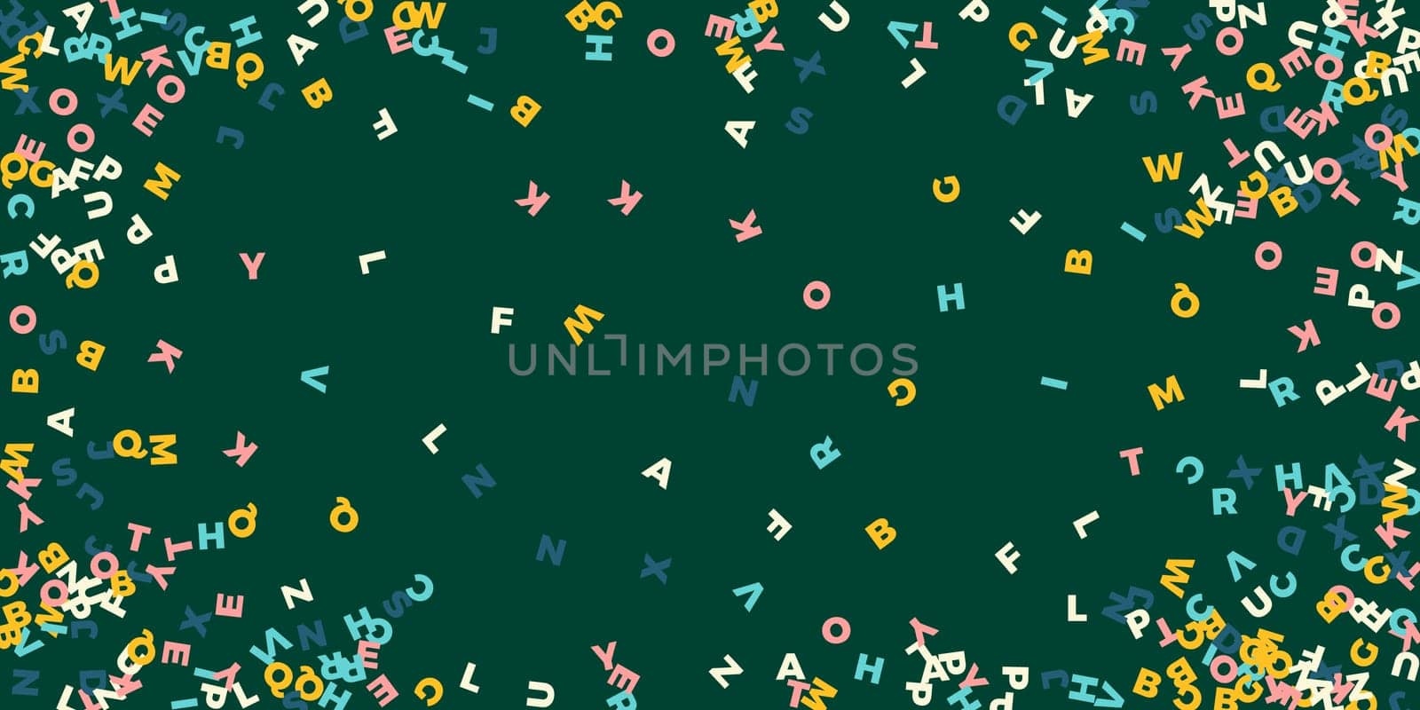 Flying latin letters. Colorful childish scattered charachters of English alphabet. Foreign languages study concept. Back to school banner .