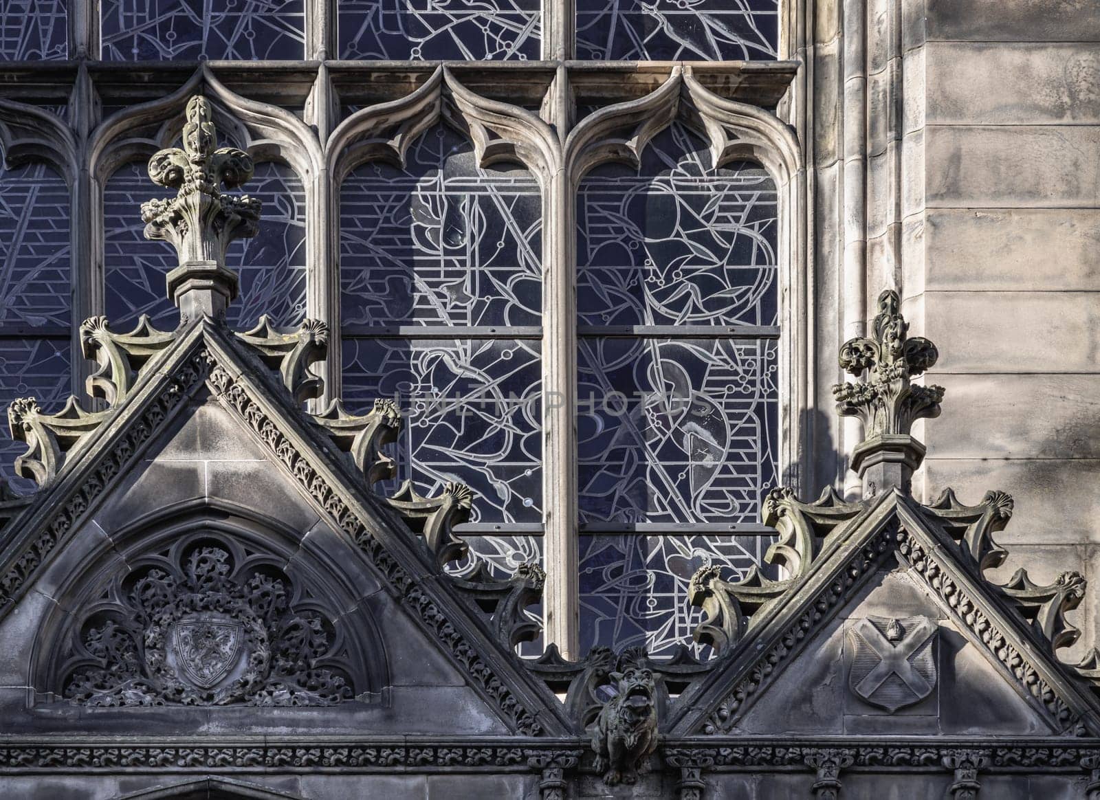 Edinburgh, Scotland - Jan 18, 2024 - Architectural exterior detail of St Giles' Cathedral or the High Kirk of Edinburgh in gothic style. Space for text, Selective focus.