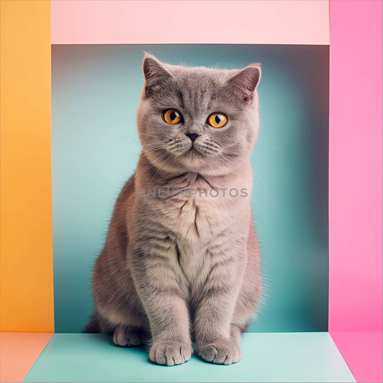 Adorable grey British Shorthair kitten in colorful studio portrait with pastel background