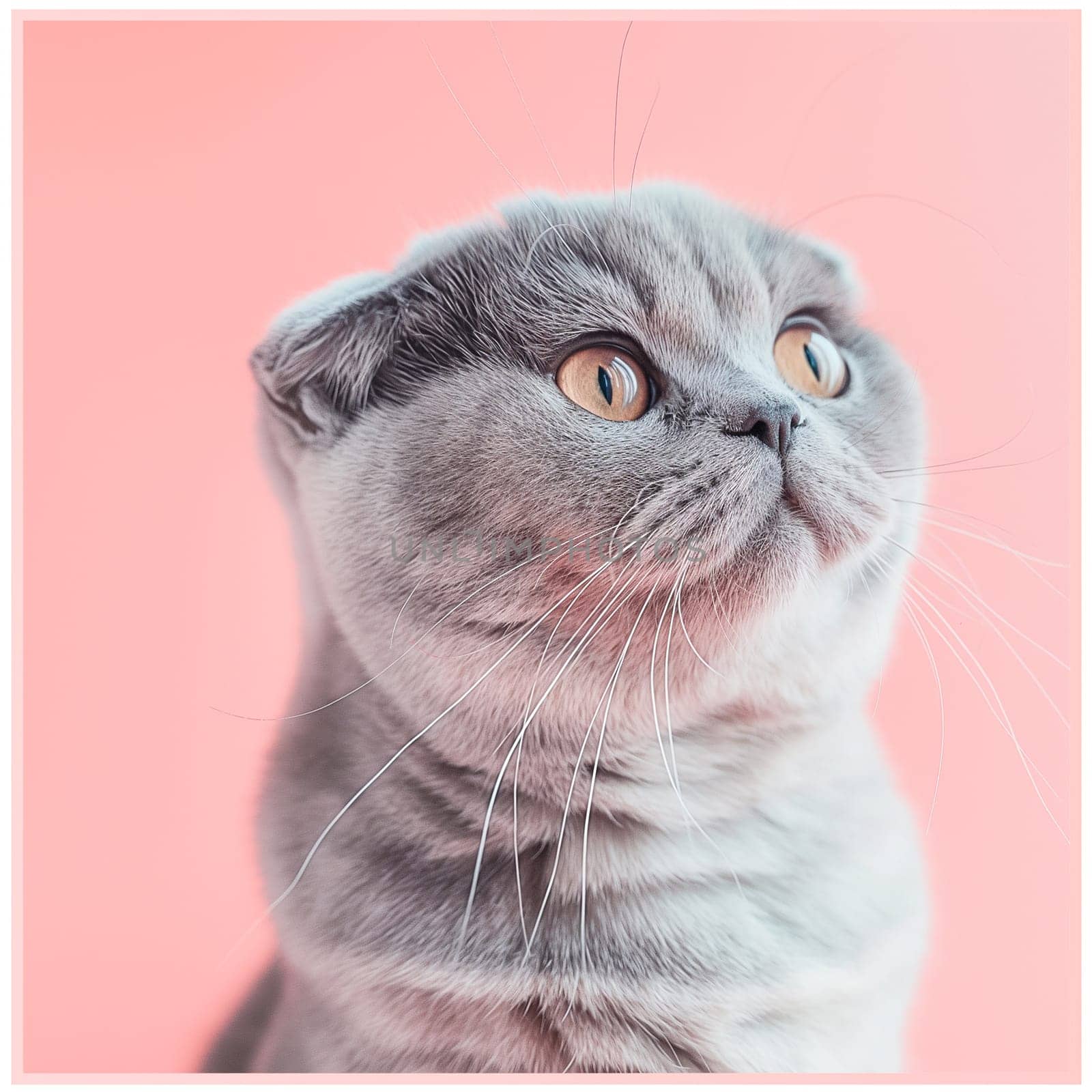 Cute grey Scottish Fold cat portrait with adorable whiskers and pink background for pet lovers