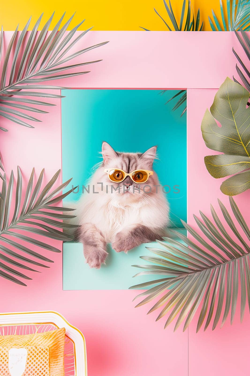 Fluffy cat with sunglasses portrait in tropical window with cute and stylish vibe