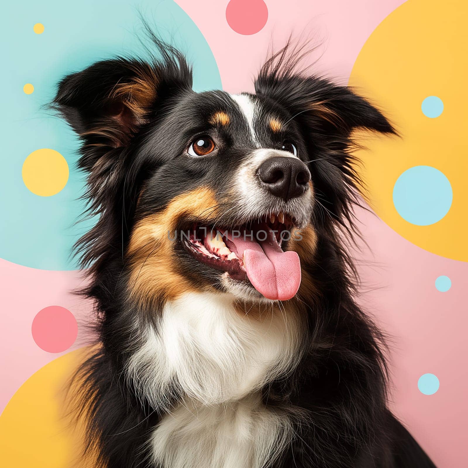 Happy portrait of a cute dog with colorful background, showing tongue and ears, smiling joyfully