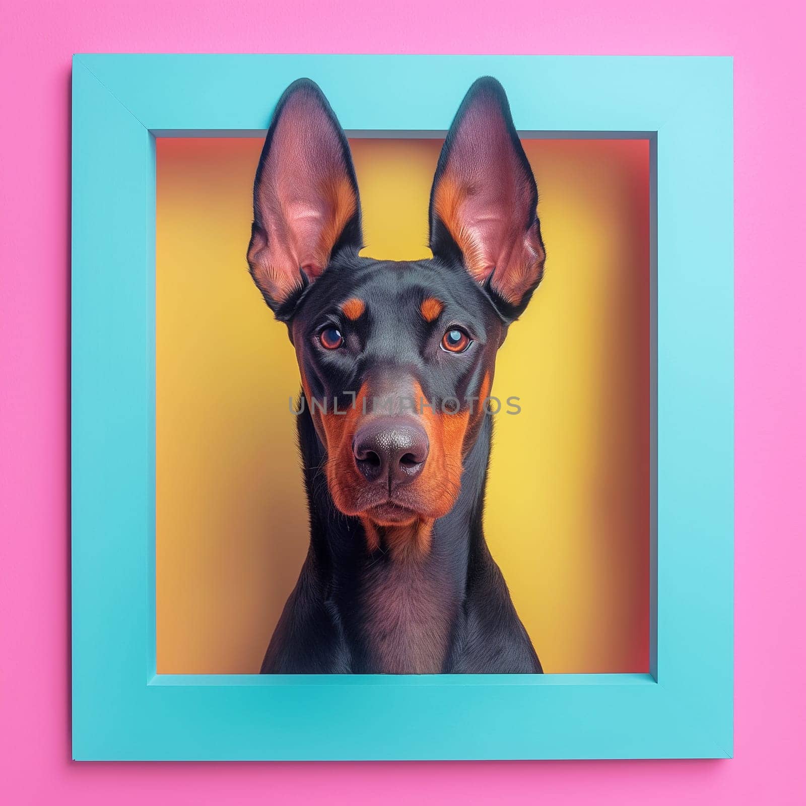 Doberman portrait with large ears in blue frame on bright pink and yellow background