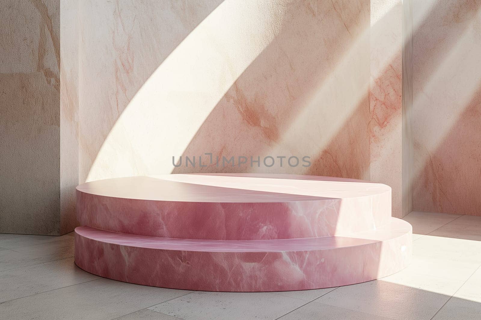 Minimalist pink marble podium with sunlight and geometric shapes in modern interior design