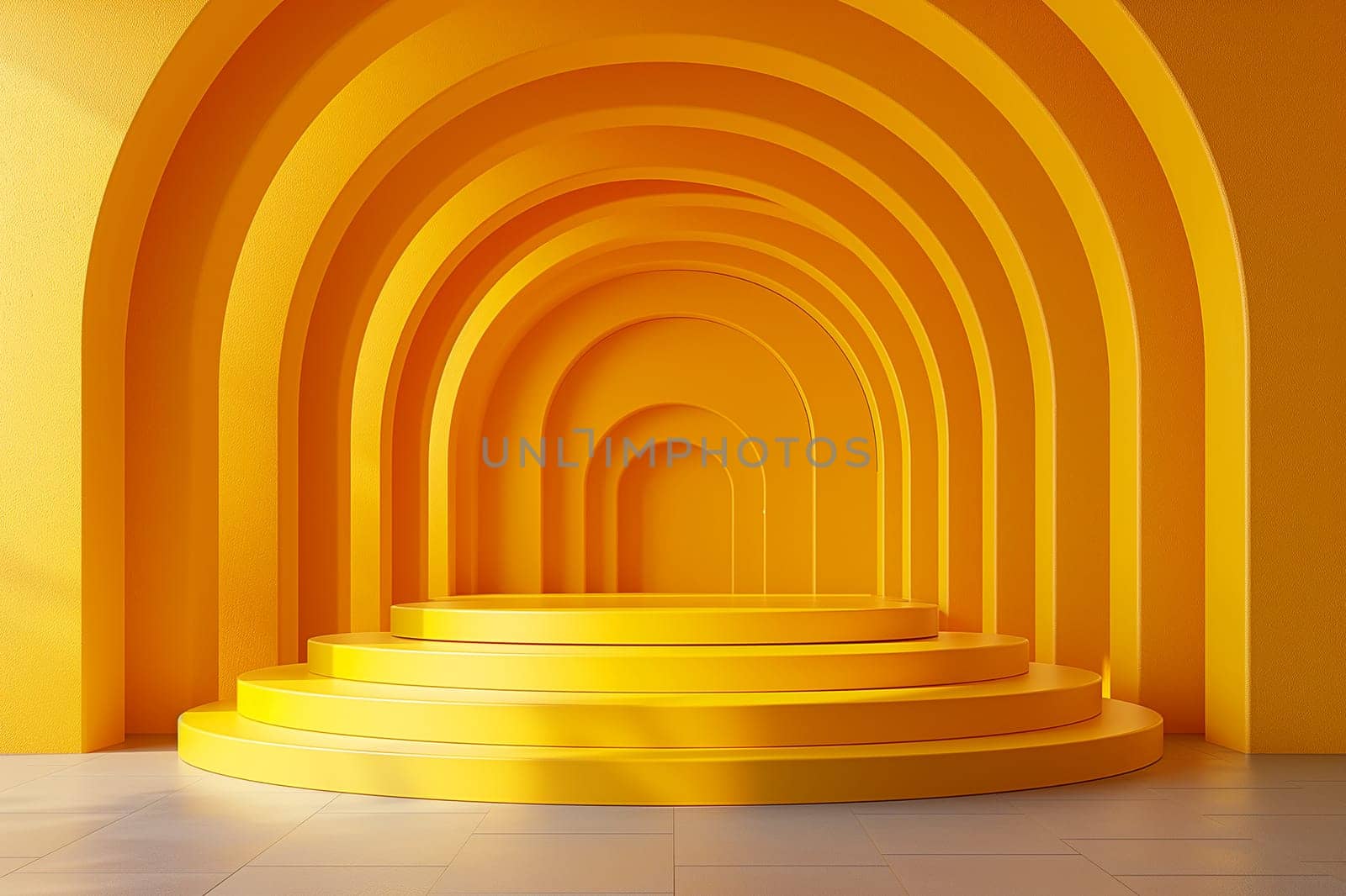 Yellow arches and staircase with artistic layers creating a bright, curved, and symmetrical interior design