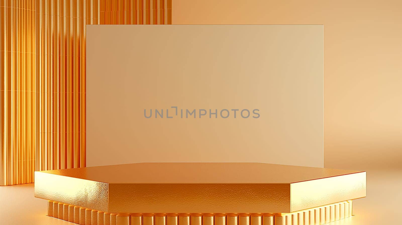 Golden hexagon podium on a geometric background for a modern exhibit and glossy abstract presentation