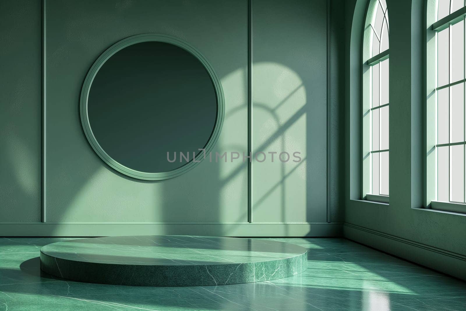 Green marble platform in a sunlit room with arched windows and round shadows