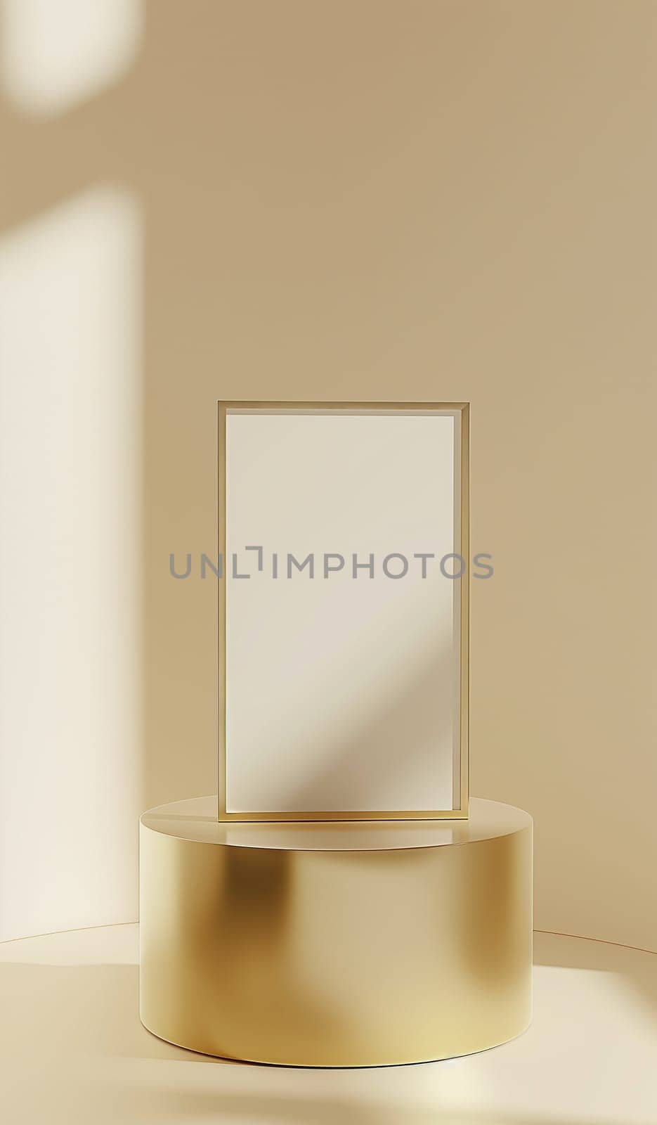 Elegant golden frame on a minimalistic platform with light and shadow display
