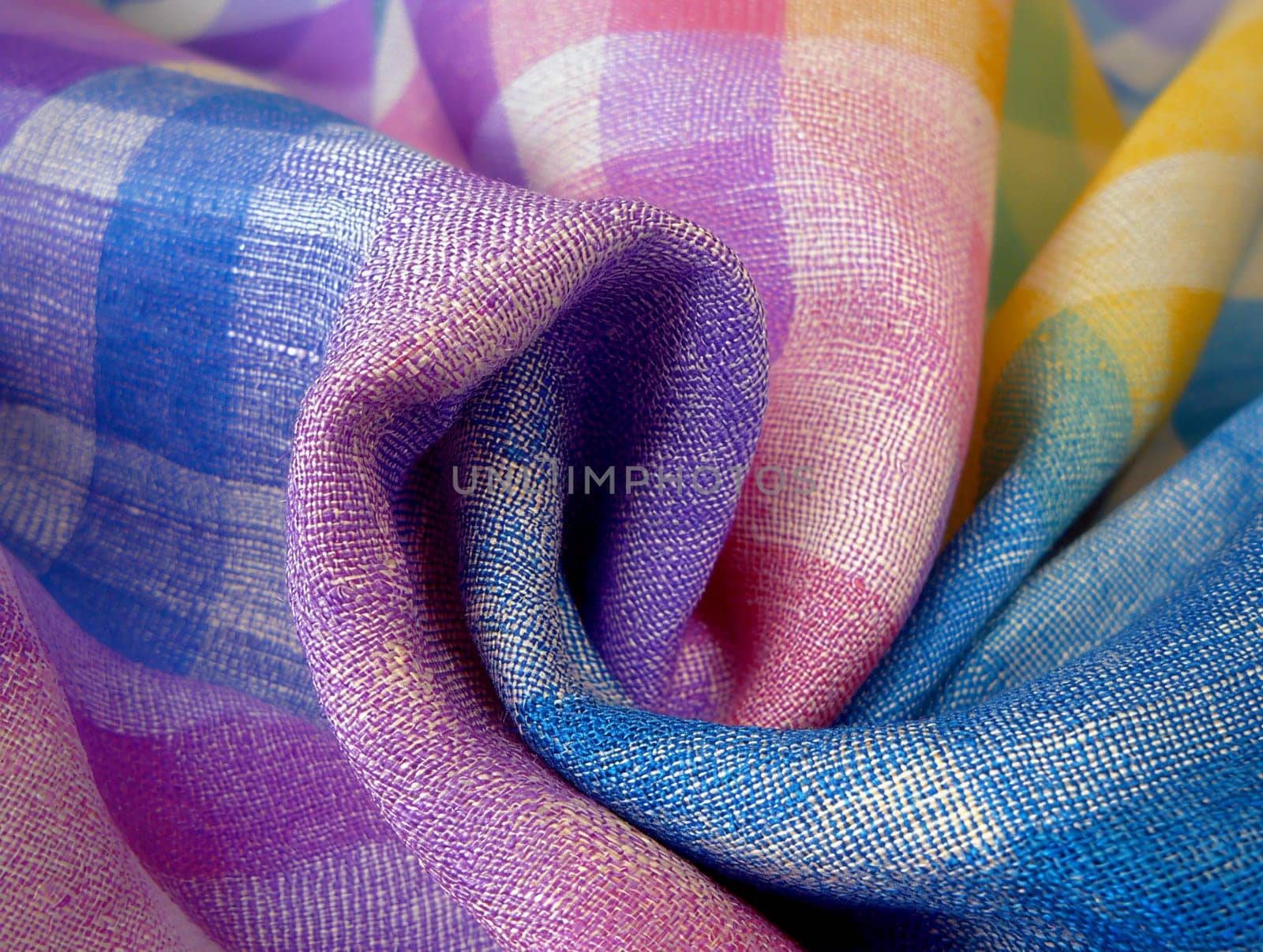 Colorful woven plaid fabric with intricate and vibrant texture, perfect for crafting and design projects