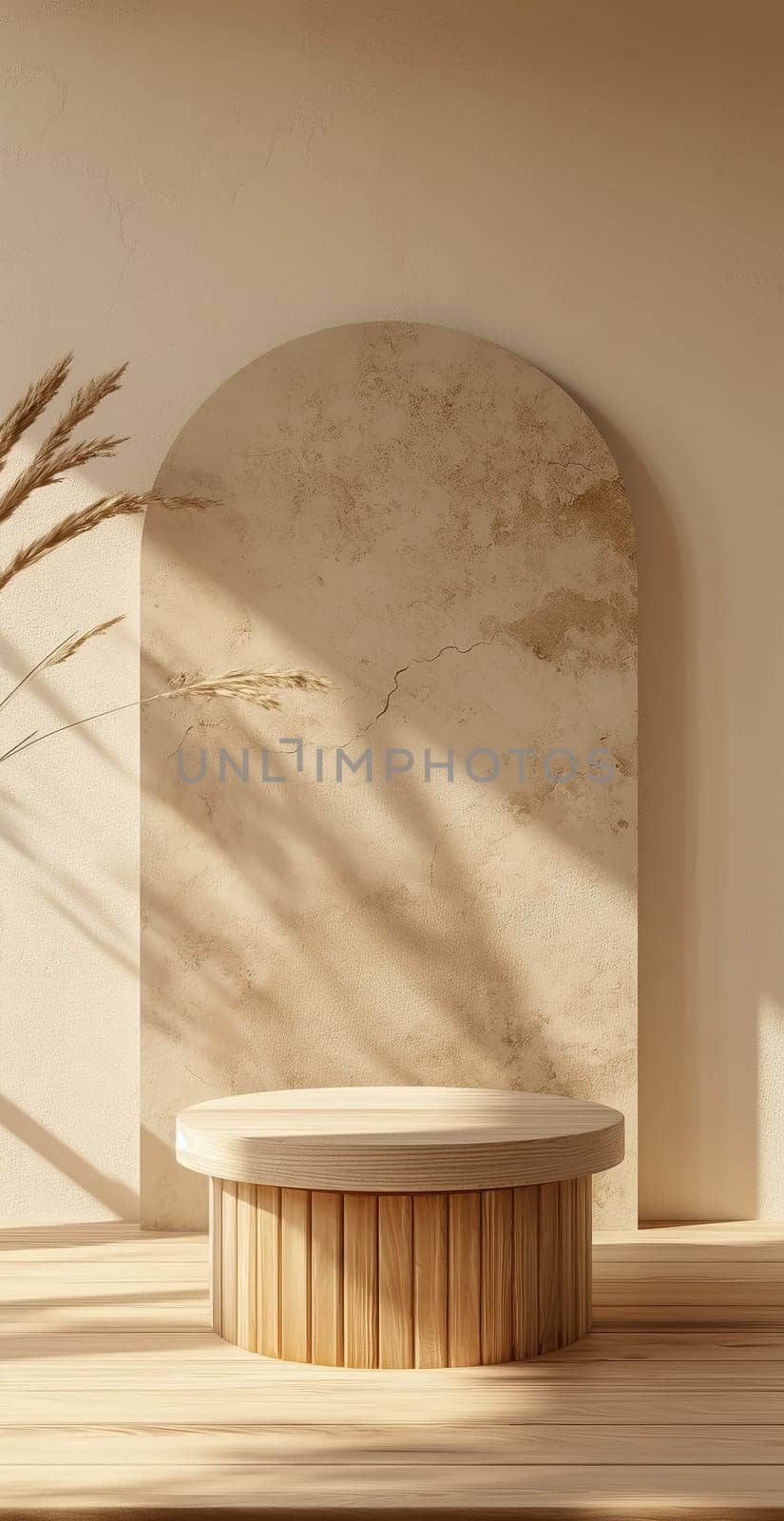 Minimalistic decor with rustic circle backdrop, shadows, and plants creating a serene scene