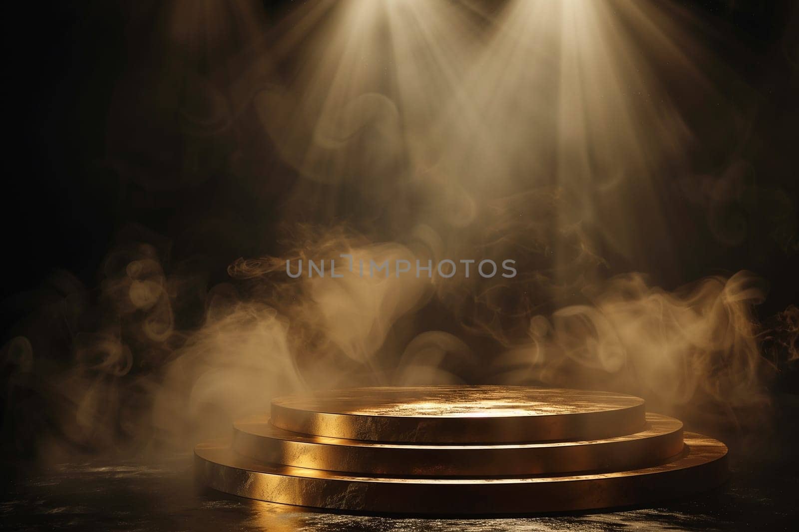 Golden podium spotlight stage with light platform for award shine presentation ceremony