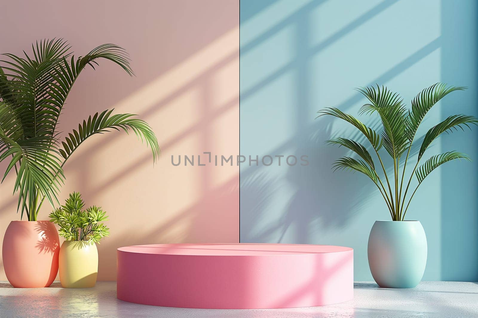 Pink and blue background with green plants in vases casting shadows in sunlight