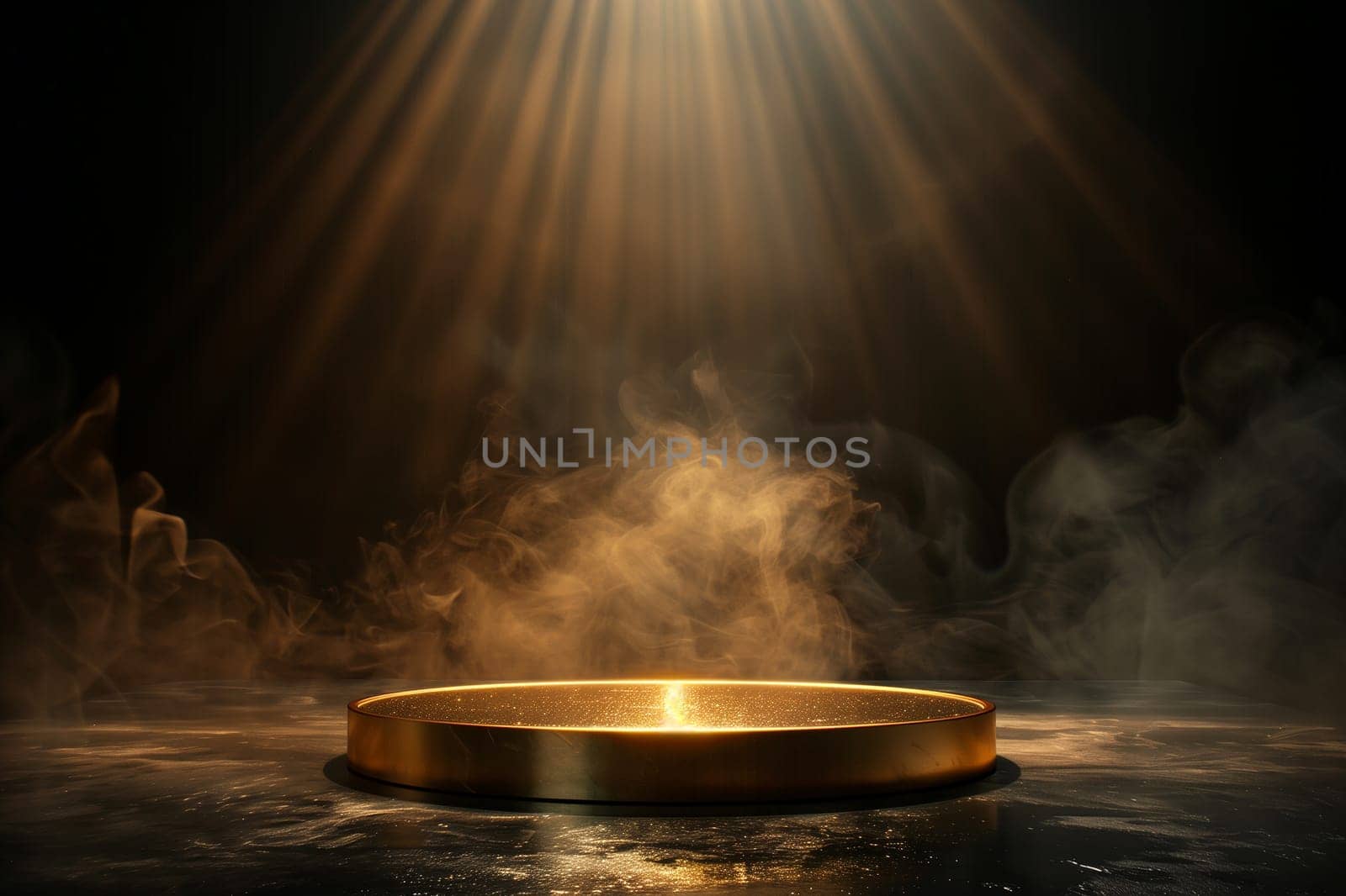 Spotlight on a smoky stage with theatrical shadows and illuminated golden drama
