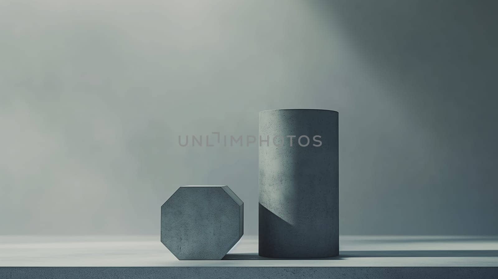 Modern abstract design with gray concrete cylinder and octagon shapes casting shadows