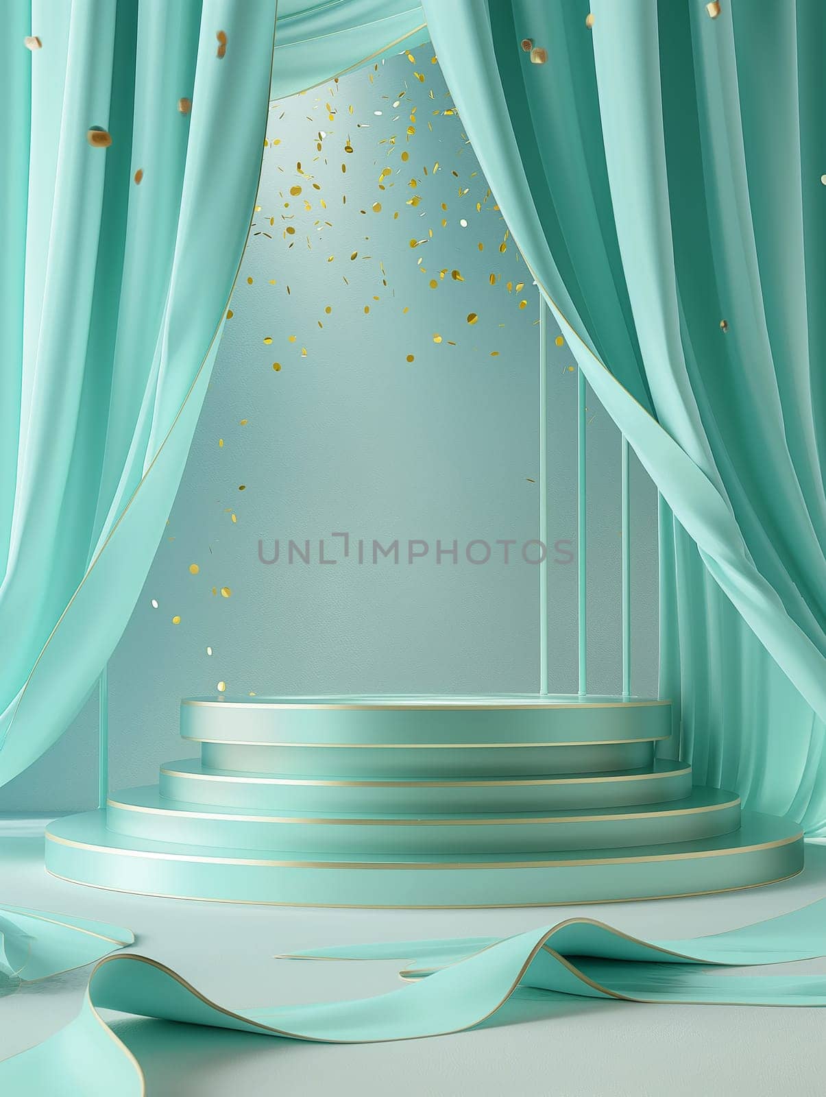Elegant stage with mint curtains, ribbons, confetti, and arch on a festive celebration platform