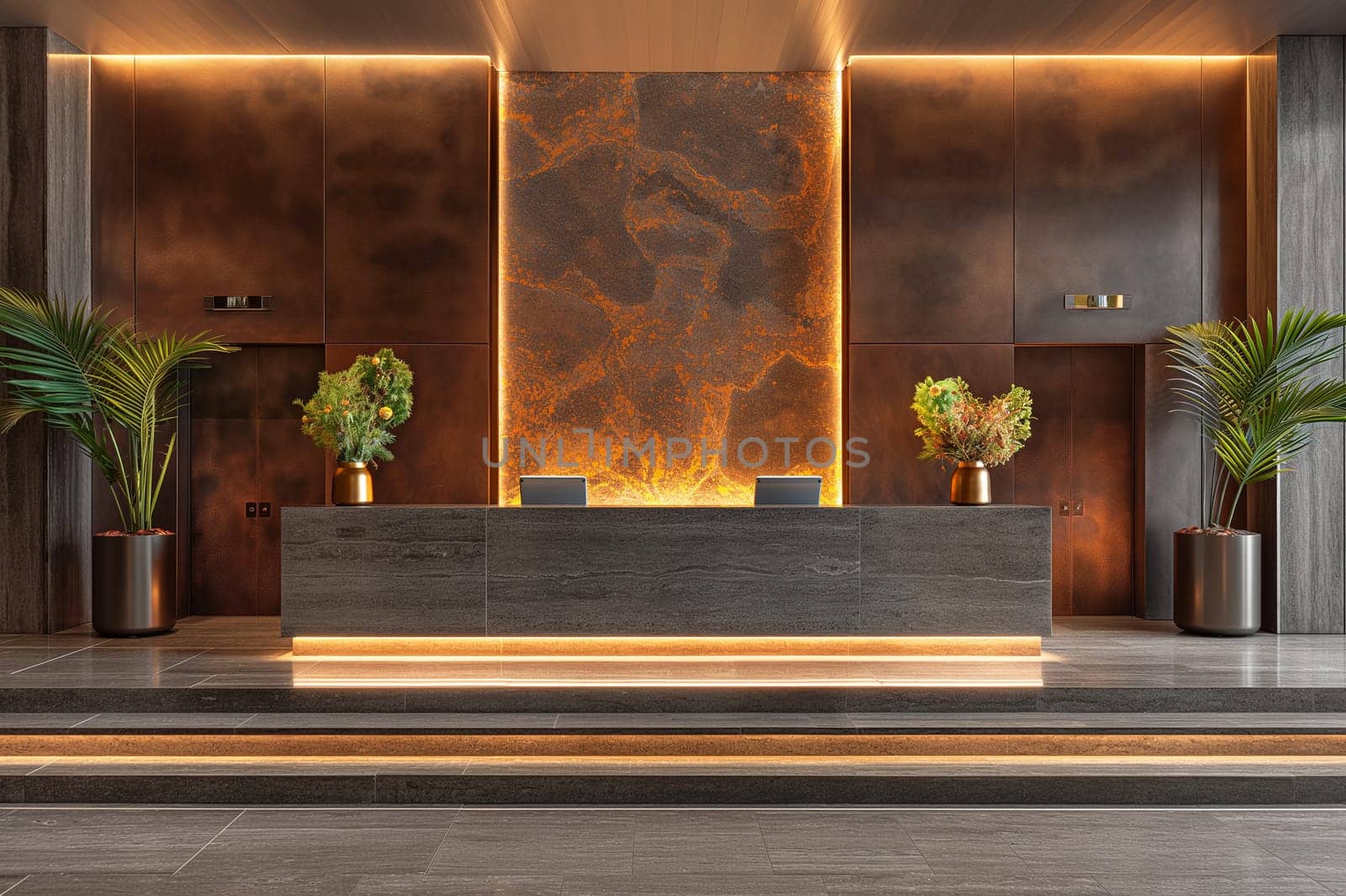 Luxury hotel lobby with modern reception counter, elegant interior design, and warm lighting ambiance
