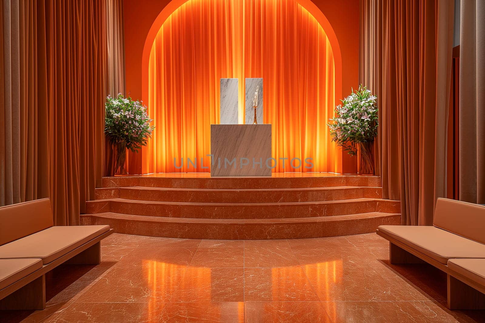 A vibrant orange interior features a marble altar, steps, benches, lighting, curtains, and flowers.