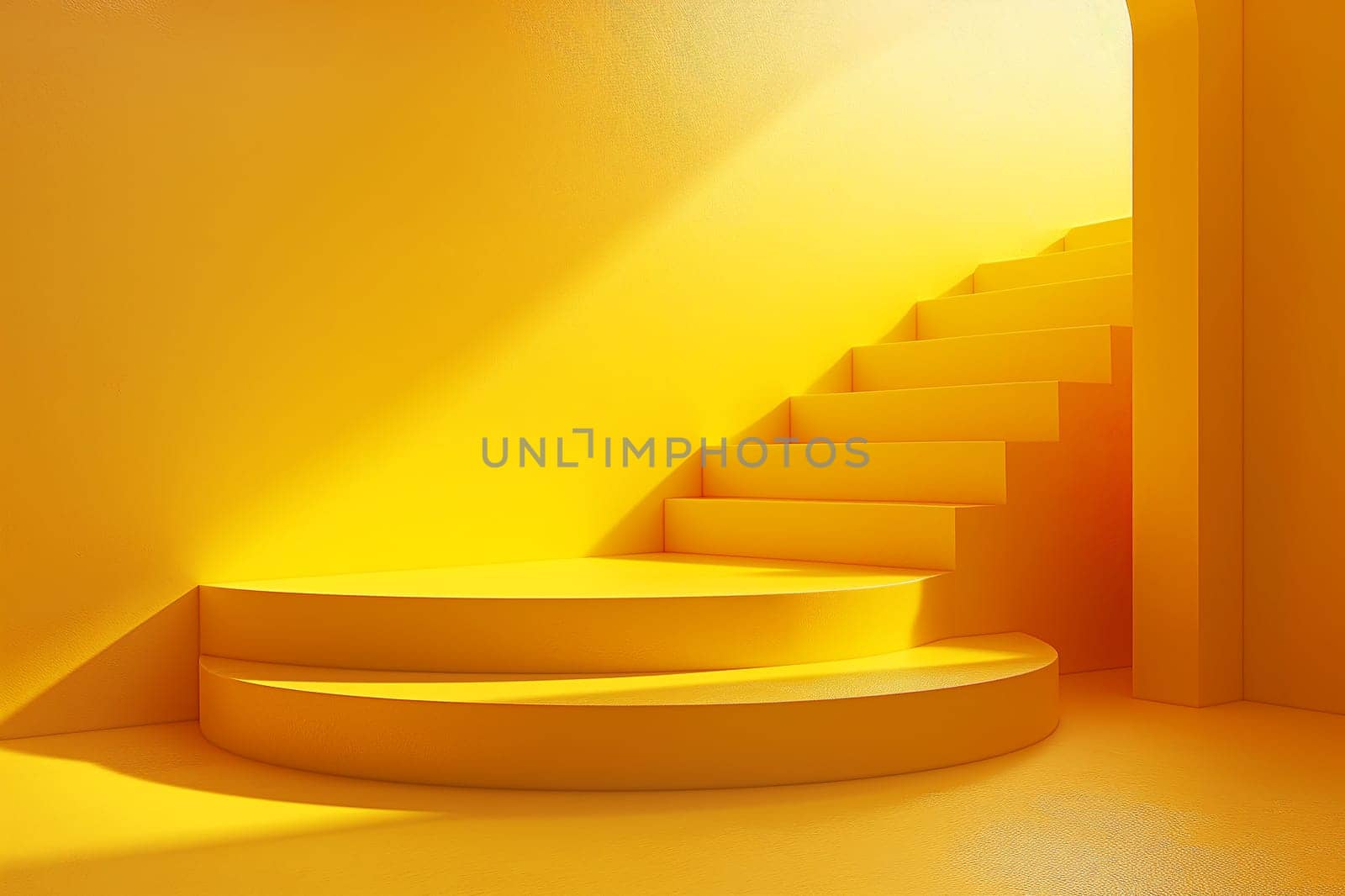 Modern yellow staircase with bright steps and curved design in a sunlit interior space