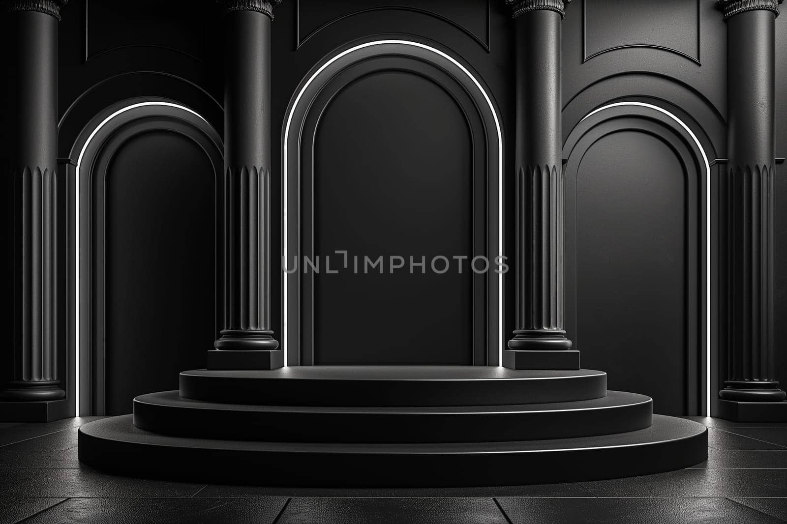 Elegant black and monochrome stage with columns, arches, pillars, architecture, and steps design