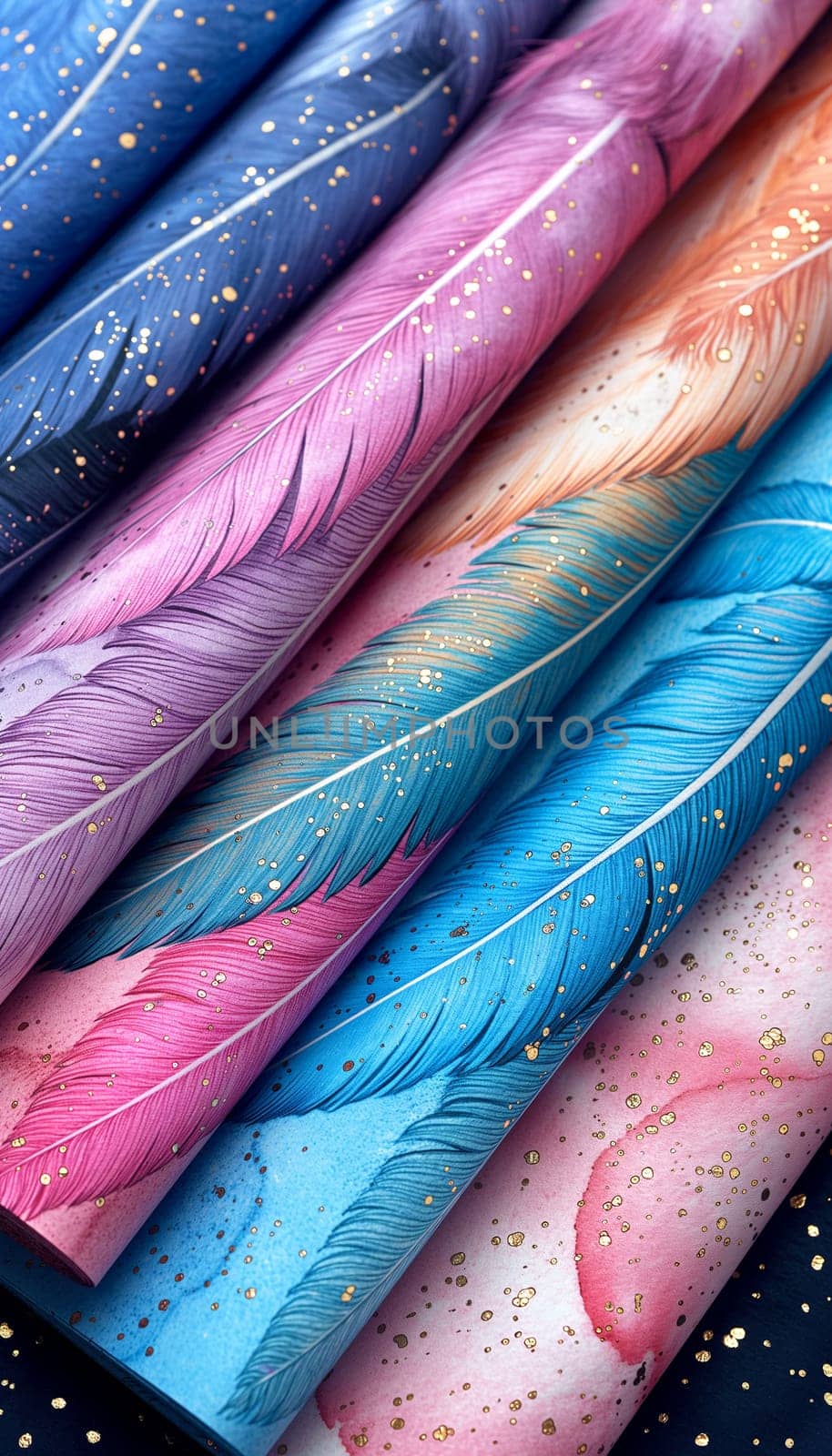 Colorful feathers with a detailed vibrant pattern and texture in a multicolored decorative design