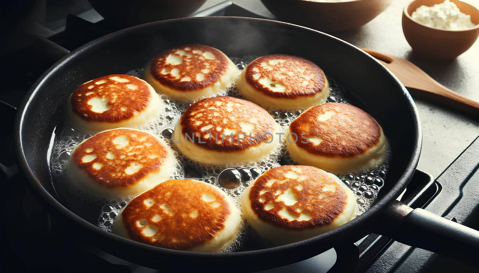 cottage cheese pancakes frying in a pan.