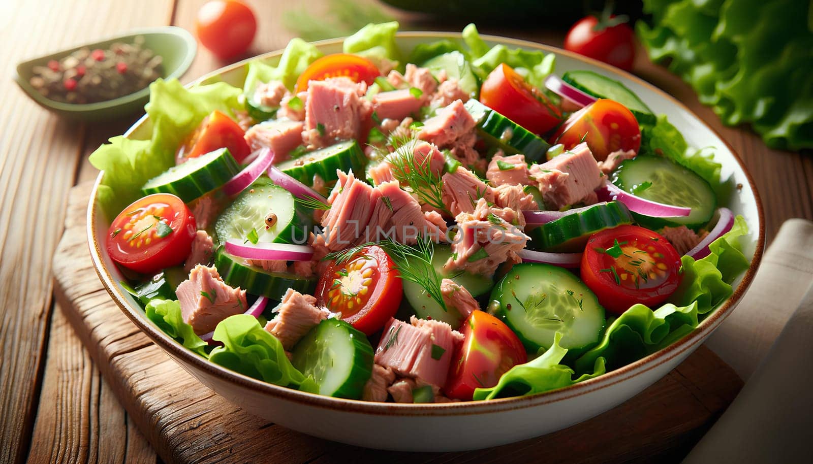 tuna salad with crisp green lettuce and bright red cherry tomatoes.